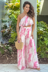 Pink Printed Palazzo Pants And Halter Top Set