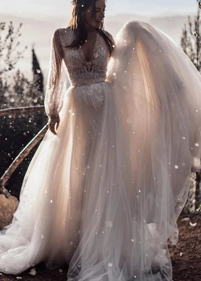 Two Piece Boho Dreamy A Line Tulle V Neck Wedding Dresses Full Sleeve