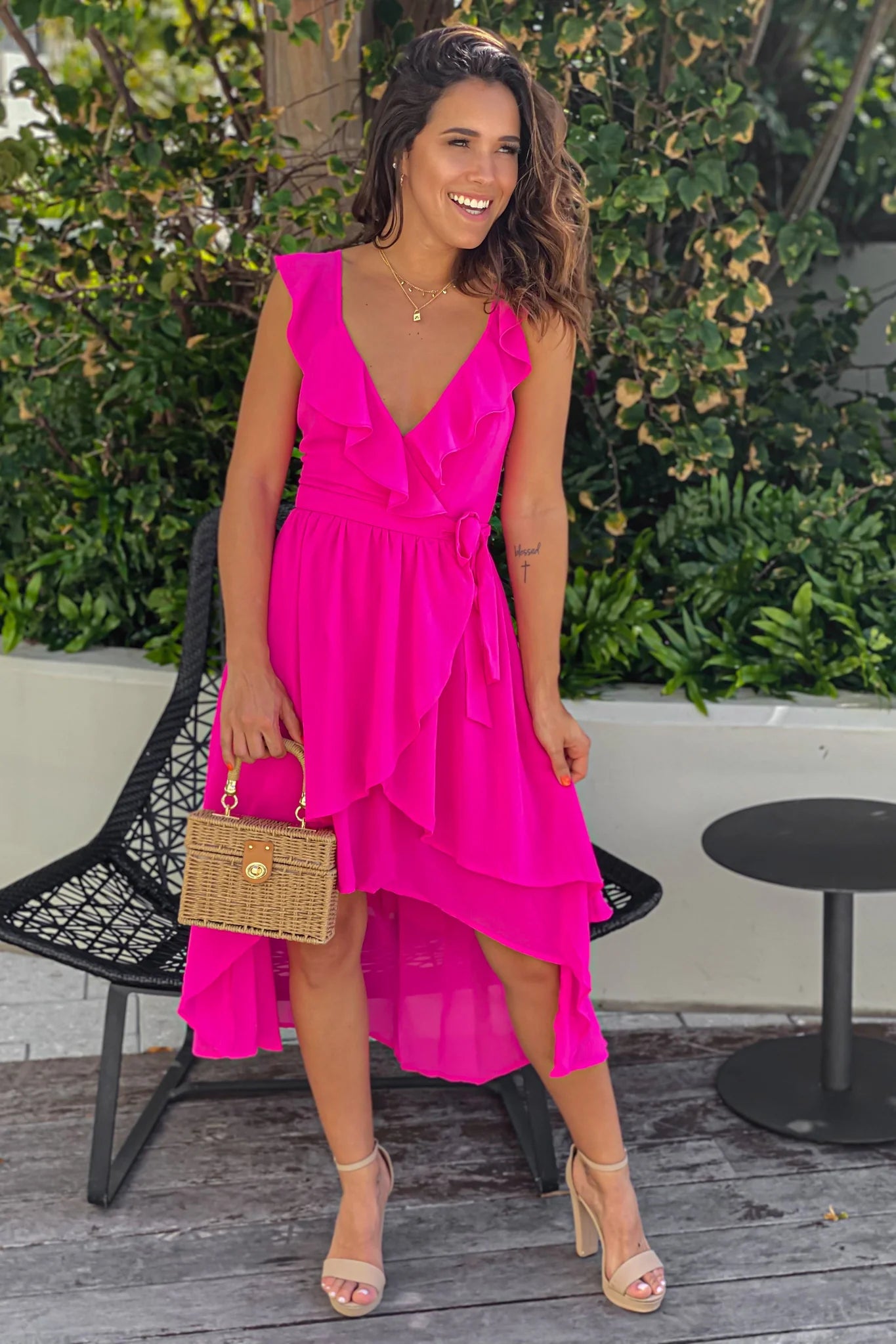 Hot Pink Ruffled High Low Dress