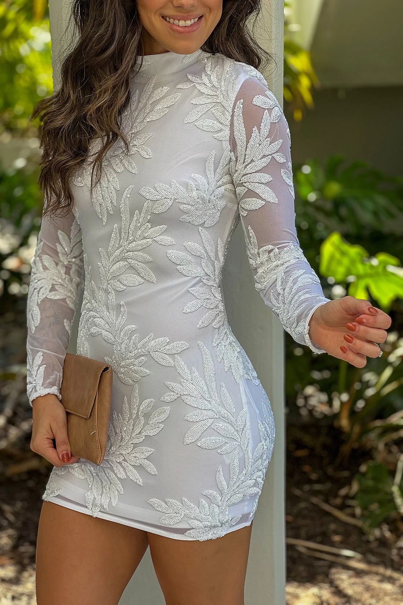 Off White Mock Neck Sequin Short Dress