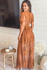 Espresso Lace Maxi Romper with Sleeves and Slits