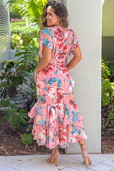 Salmon Floral Ruffled High Low Dress