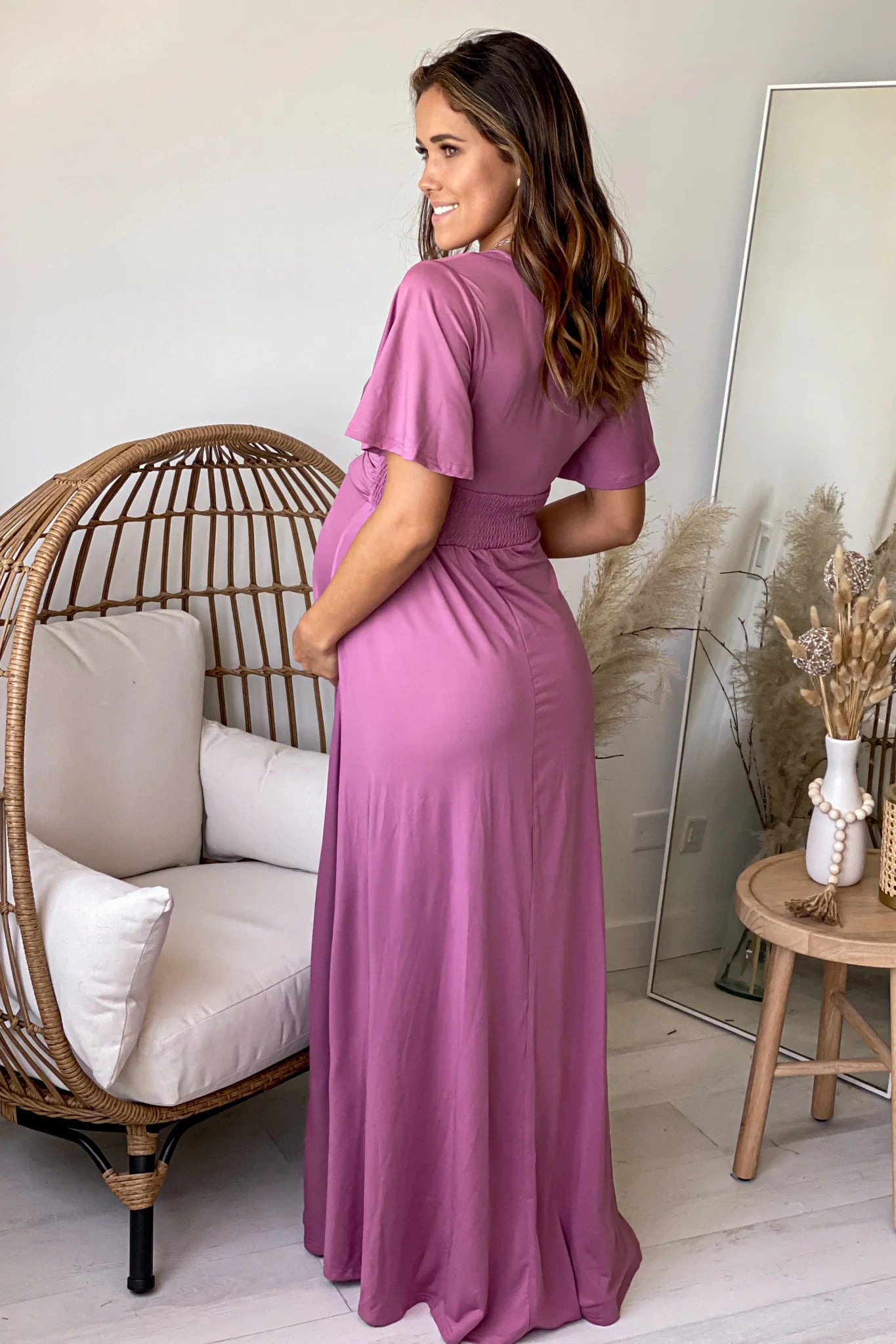 Mauve V Neck Maternity Maxi Dress