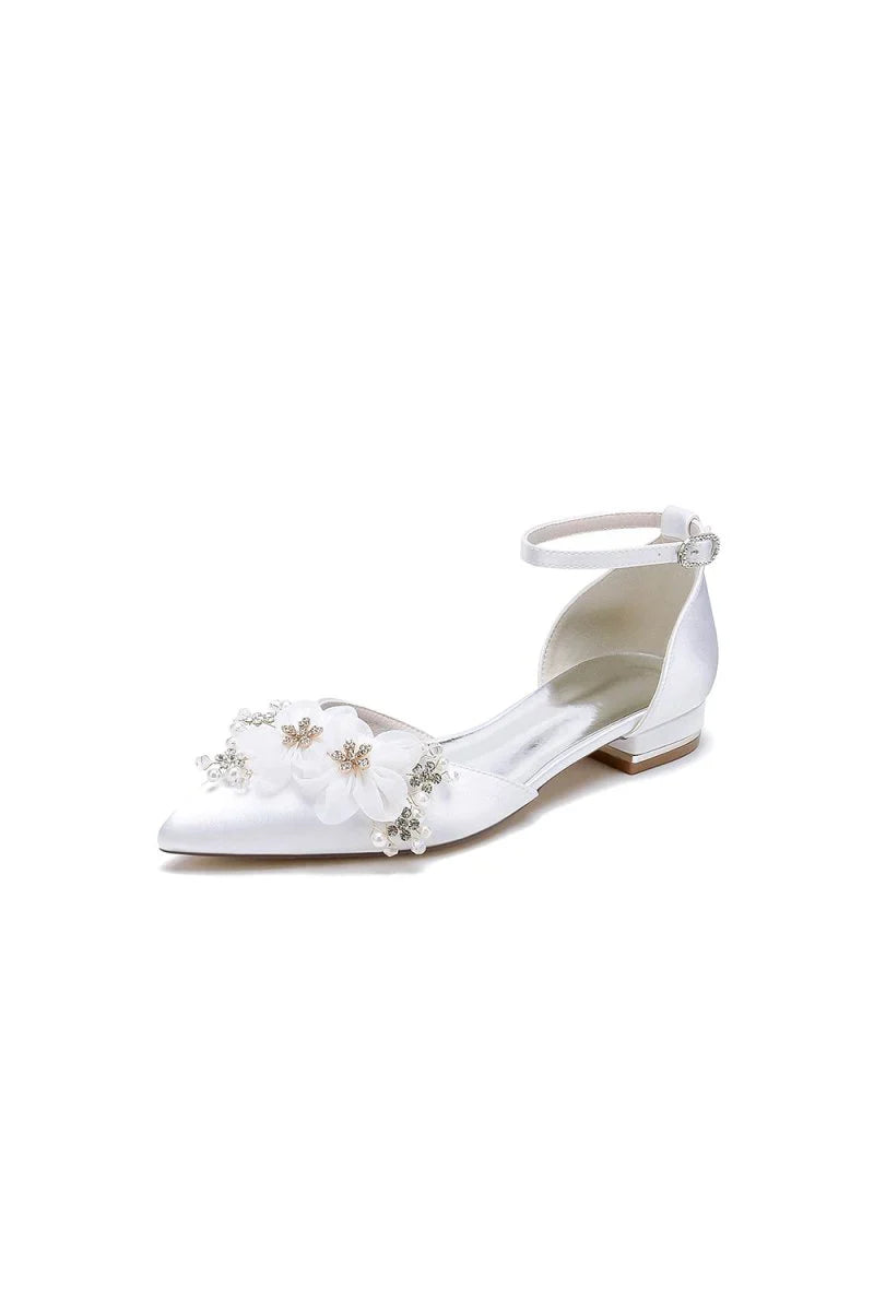 Ankle Strap Pointed Toe Low Heels with Rhinestone Flower