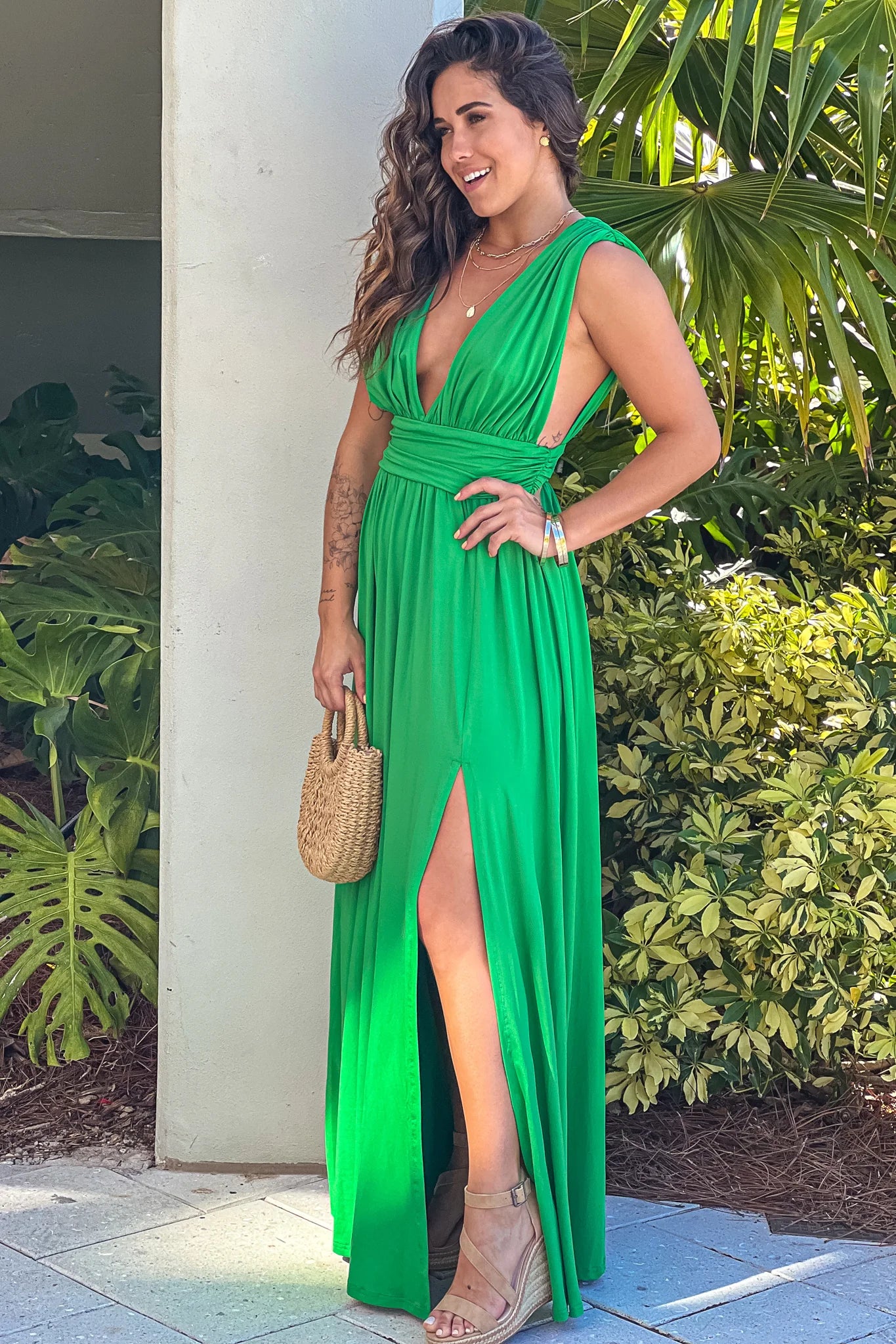 Kelly Green V Neck Maxi Dress With Slit