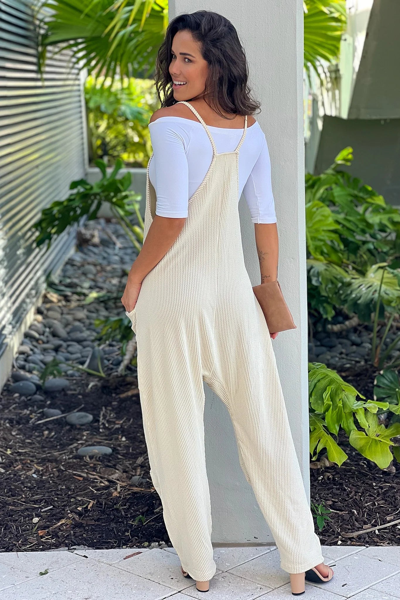 Ecru Ribbed Jumpsuit With Pockets