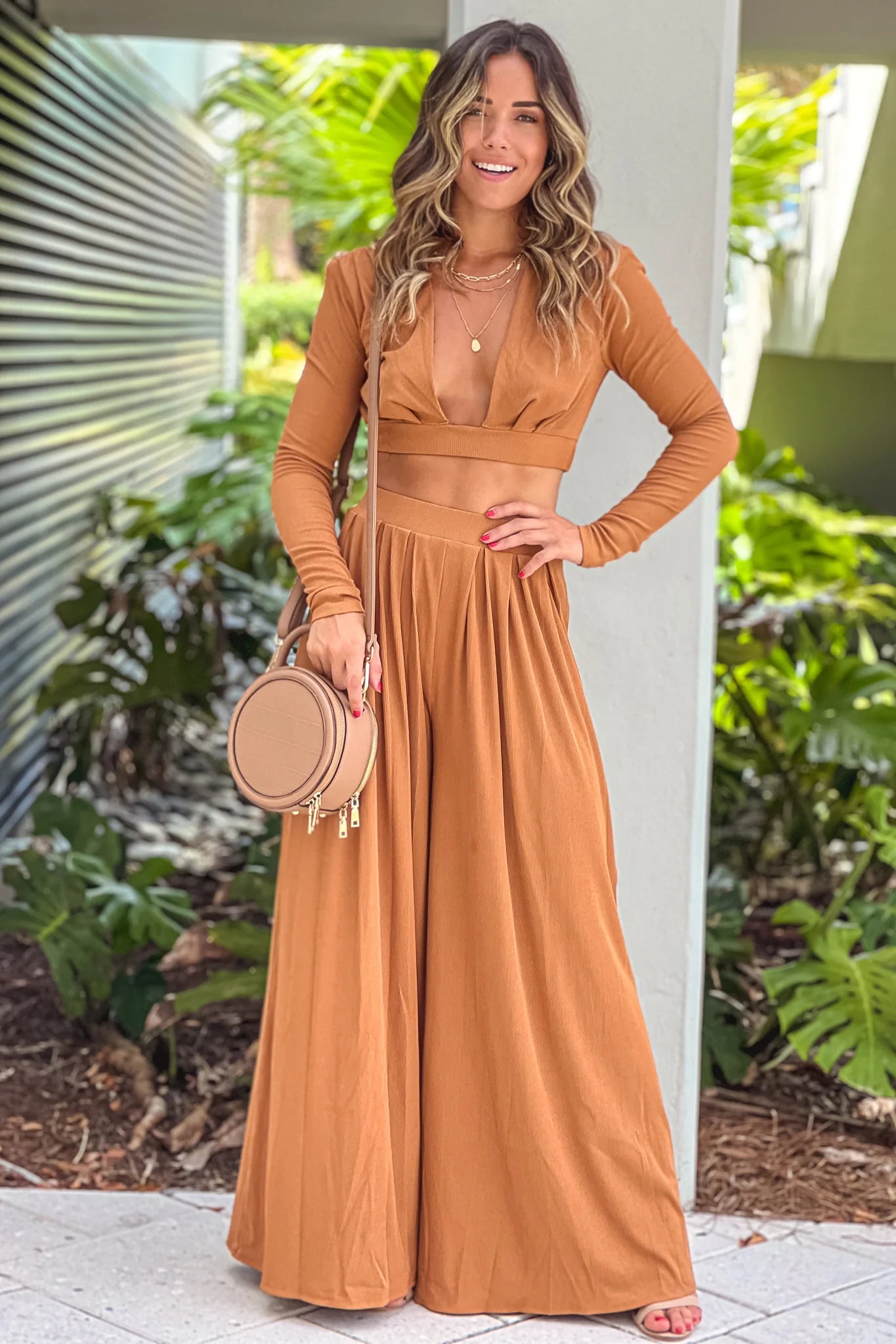Camel V Neck Top And Pants Set