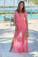 Coral Lace Maxi Romper with Sleeves and Slits