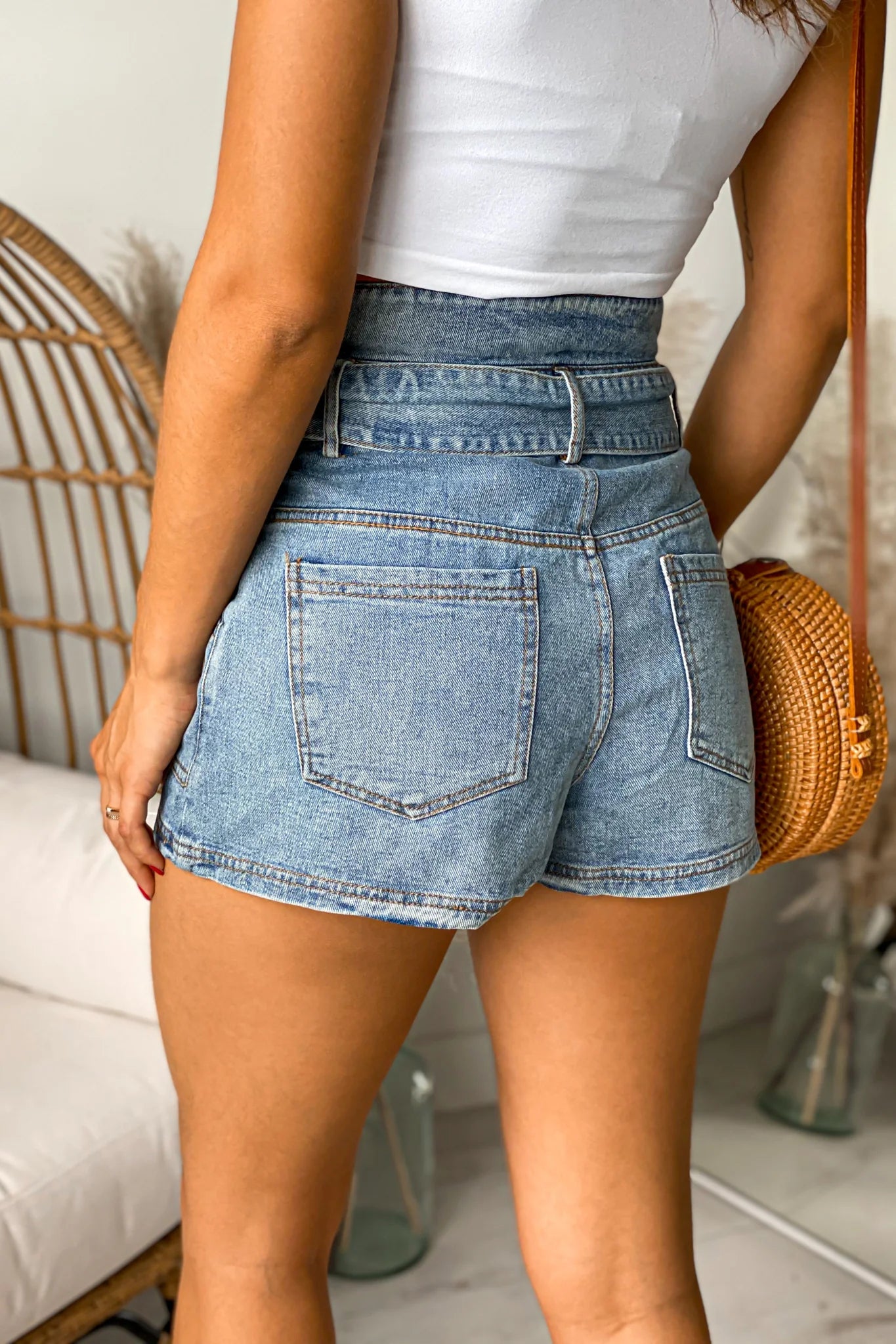 Denim Paper Bag Shorts With Belt