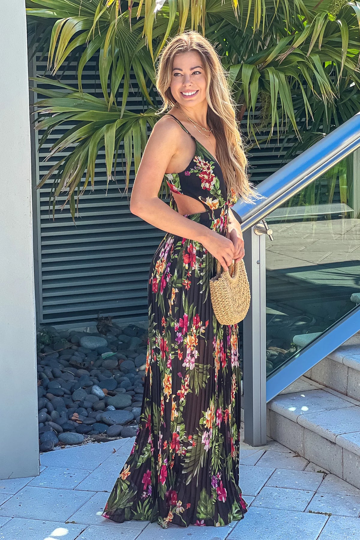 Black Floral Pleated Maxi Dress With Open Back