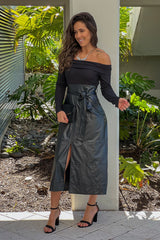 Black Off Shoulder Dress With Faux Leather