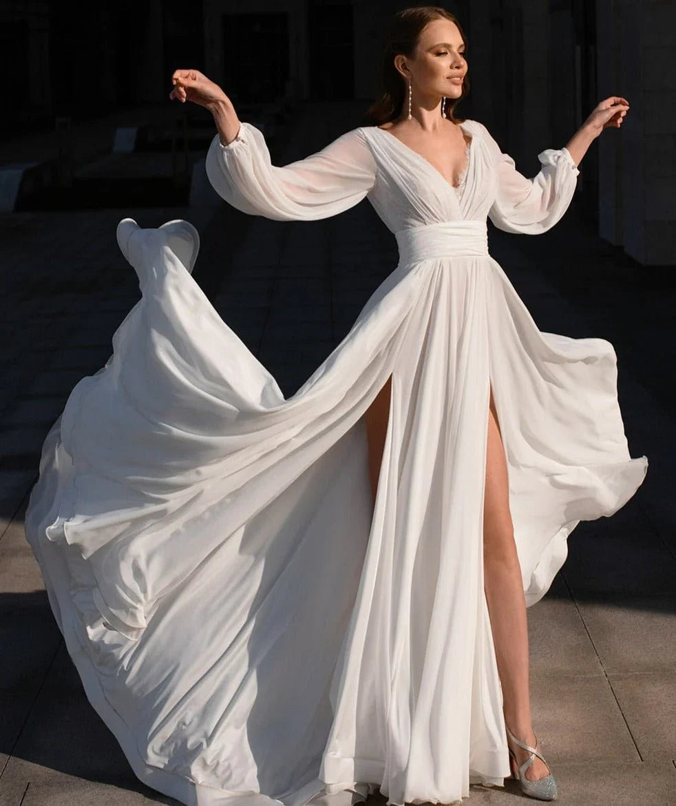 Boho A Line White V Neck Long Sleeve Wedding Dress