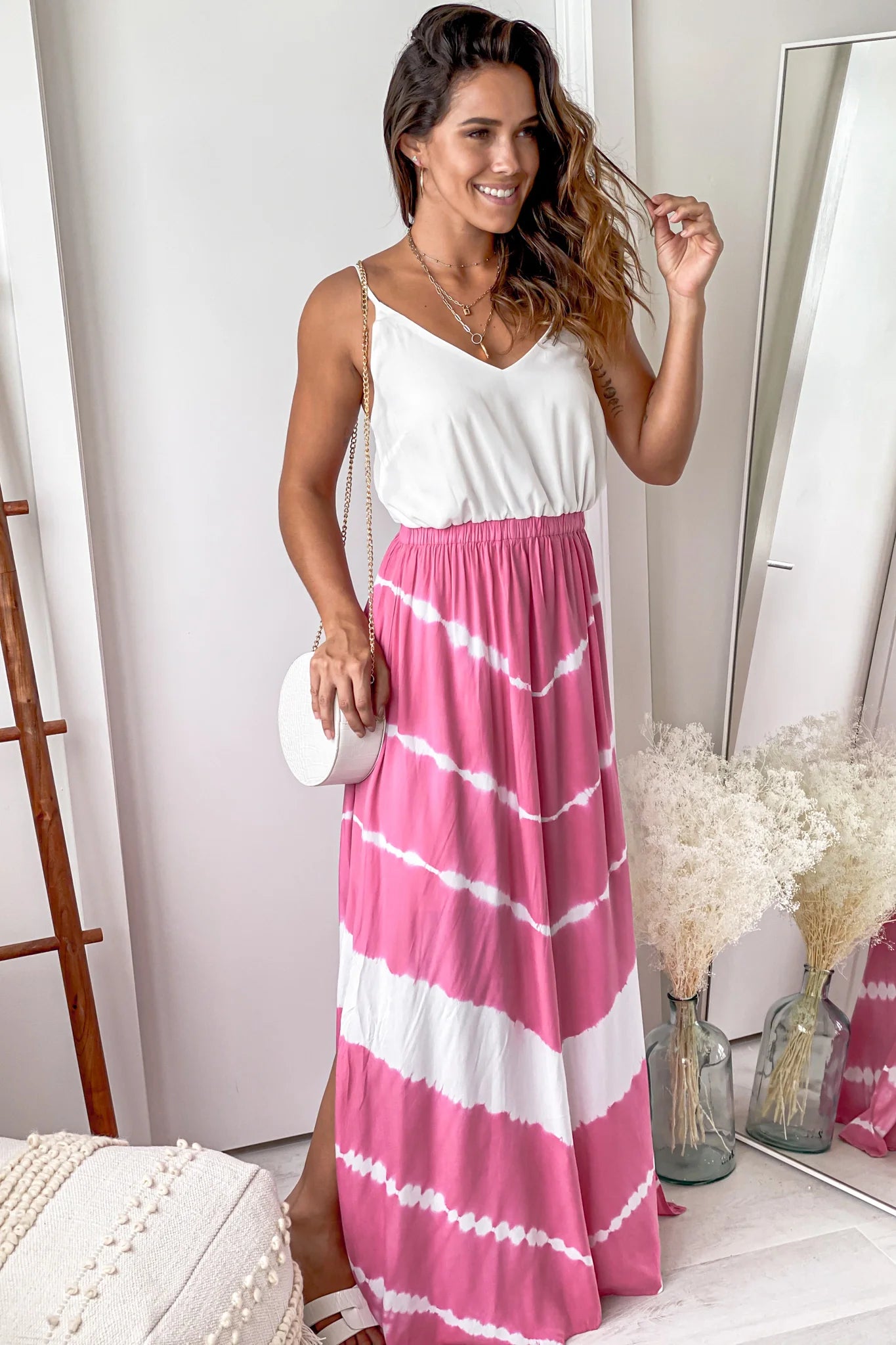 White And Fuchsia Tie Dye Maxi Dress