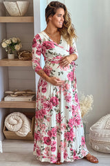 Cream Floral Maternity Maxi Dress with Tie Front