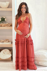 Brick Maternity V Neck Maxi Dress