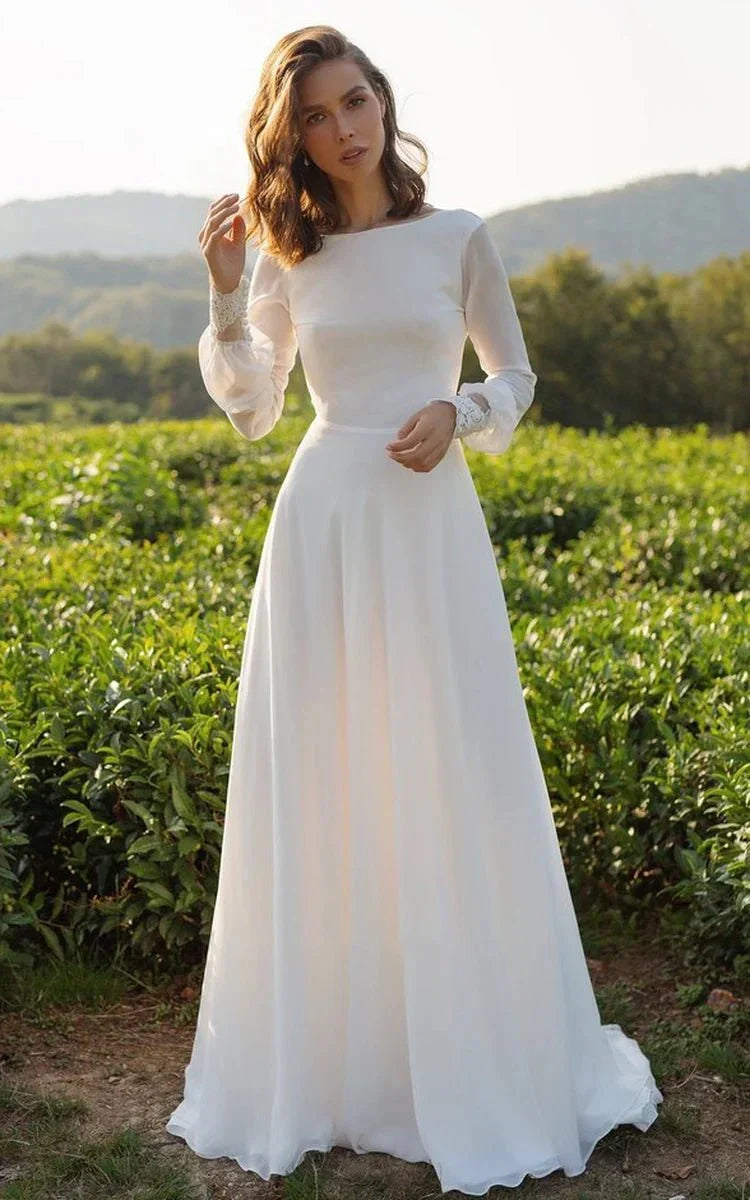 Modest A Line Long Sleeve Floor Length Train Simple Casual Chiffon Bateau V Back Wedding Dress