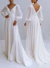 A Line V Neck Long Sleeves Chiffon Wedding Dresses With Beading