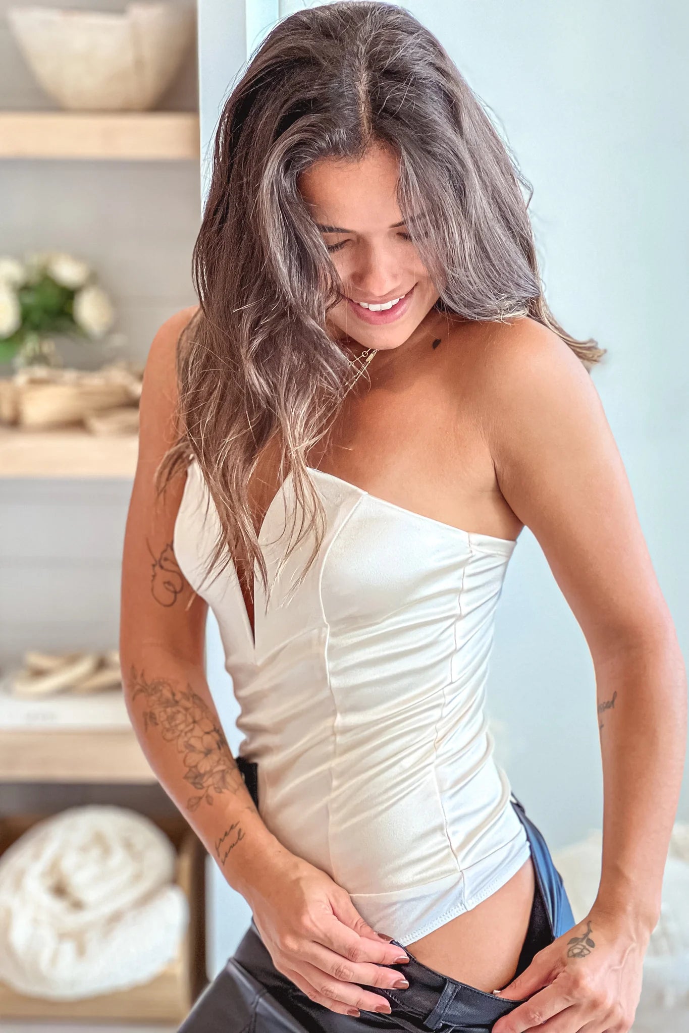 Cream Satin Strapless Bodysuit