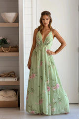 Sage Floral Deep V Neck Sleeveless Maxi Dress