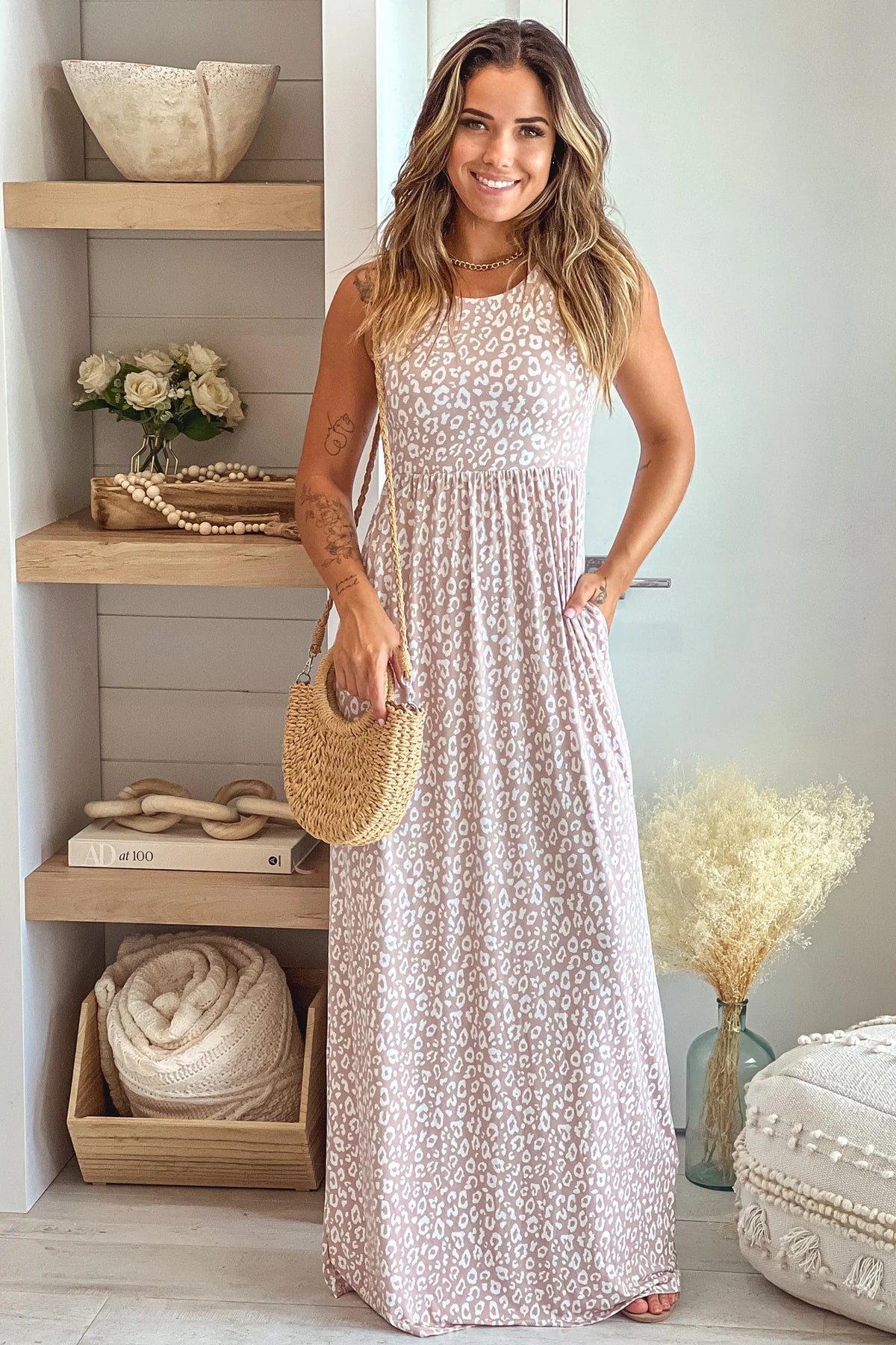 Taupe Leopard Print Maxi Dress With Pockets