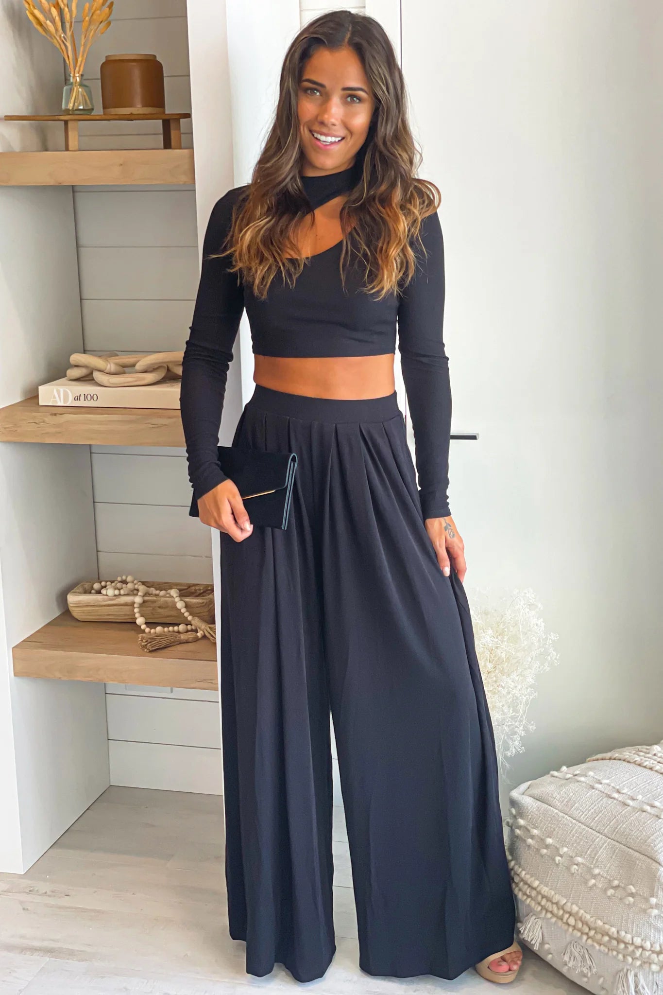 Black Top Long Sleeve And Pants Set