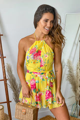 Yellow Floral Halter Neck Romper