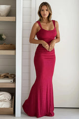 Red Glitter Ruched Maxi Dress