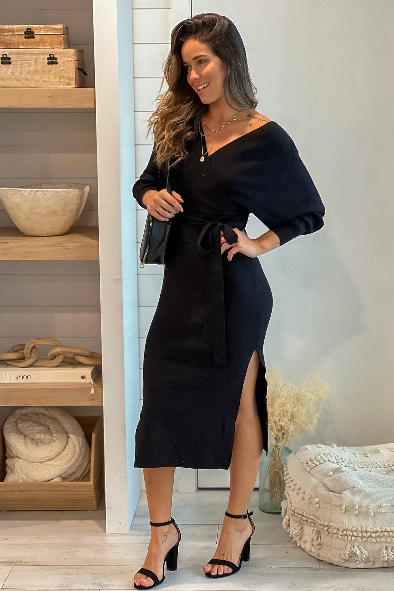 Black V Neck Ribbed Midi Dress