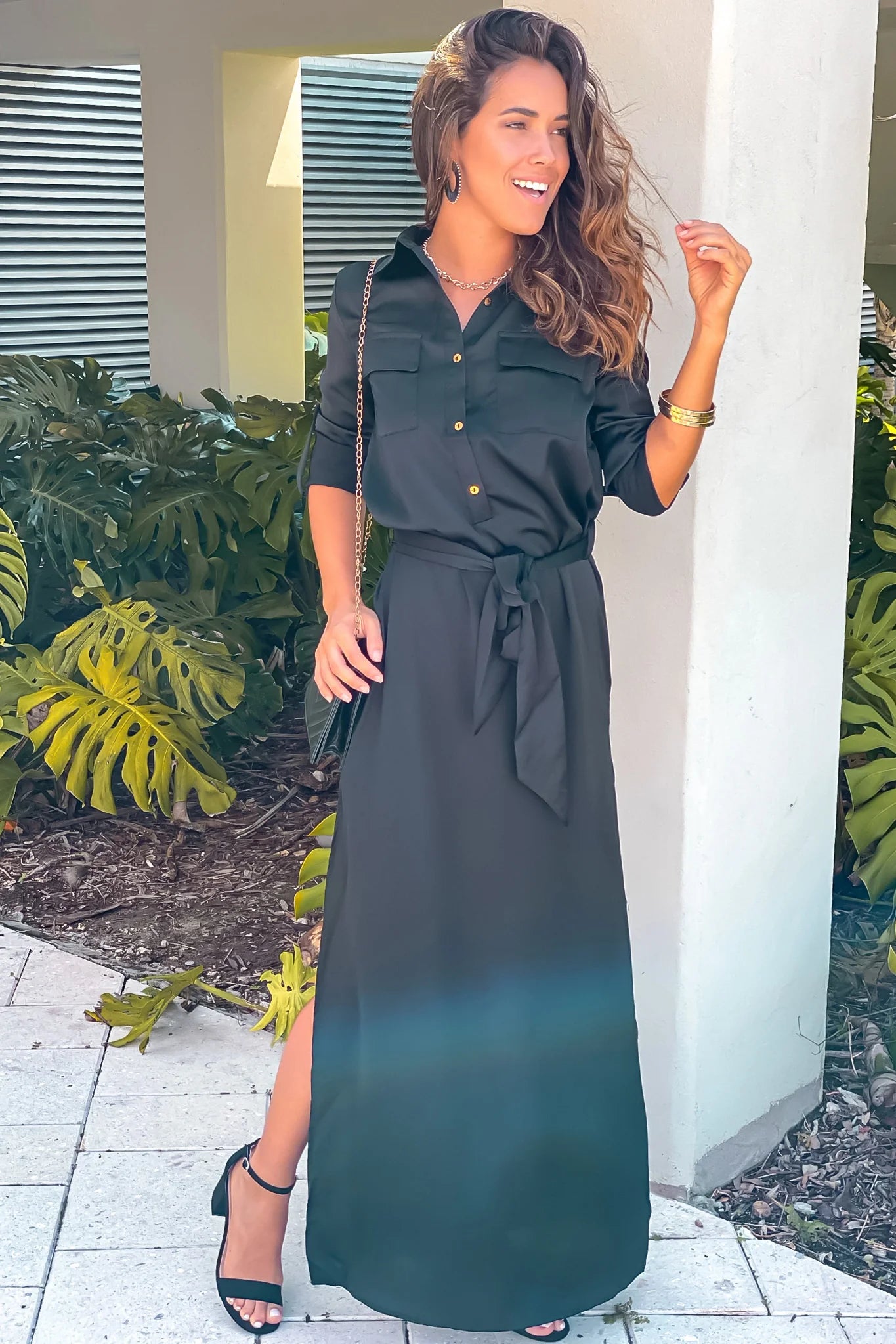 Black Button Down Satin Shirt Long Dress