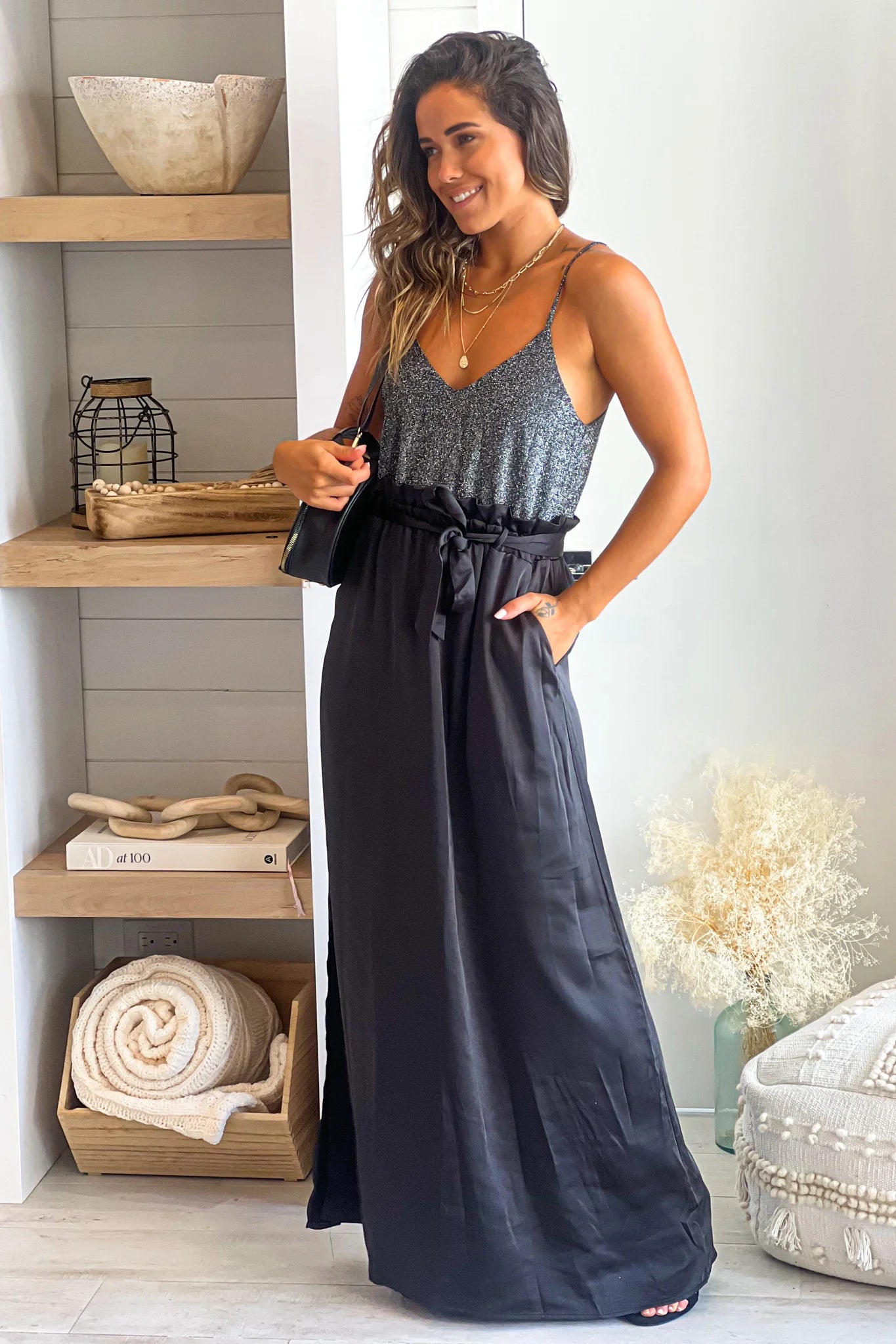 Black Maxi Dress With Silver Sequin Top