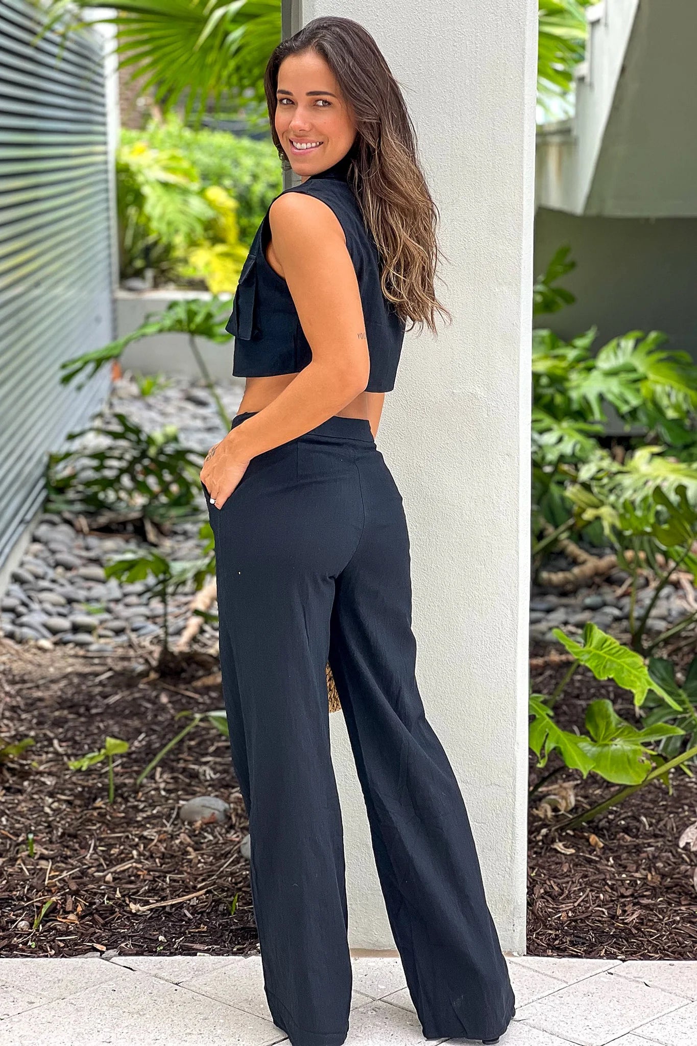 Black Button Down Top And Pants Set