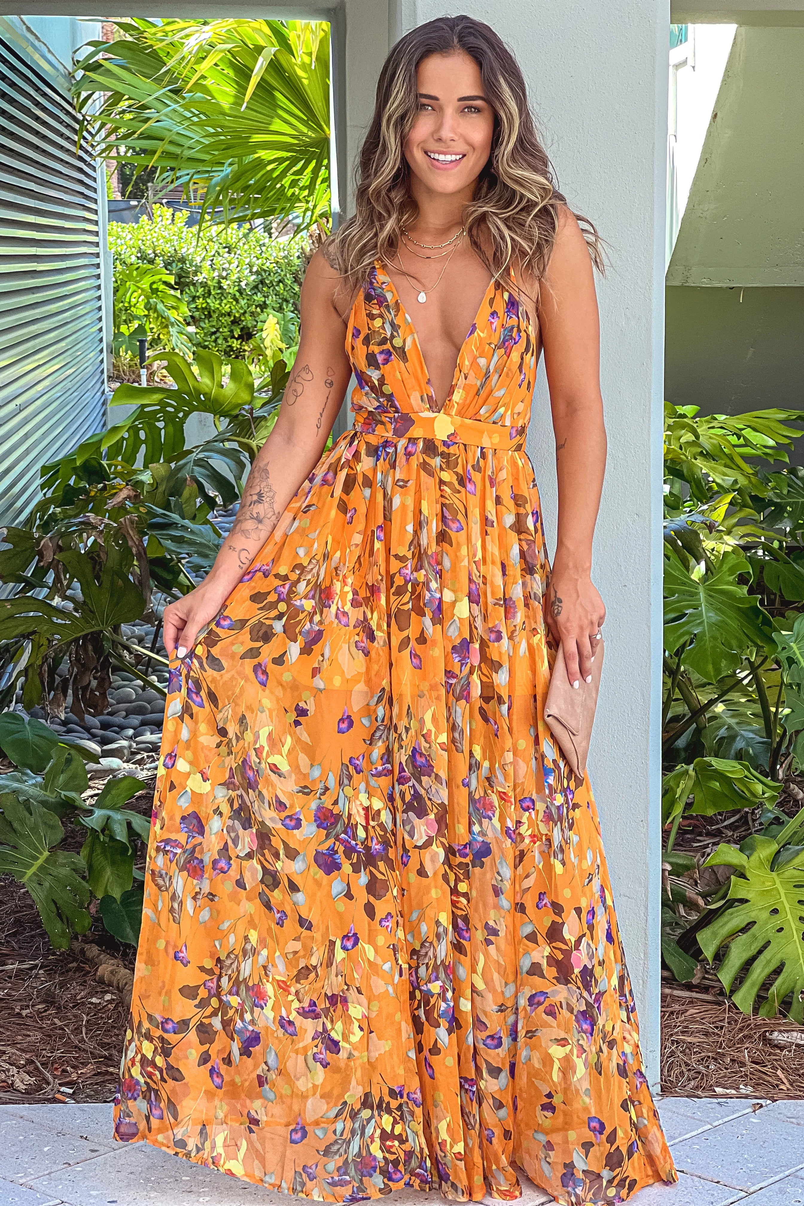 Yellow Floral V Neck Maxi Dress with Criss Cross Back