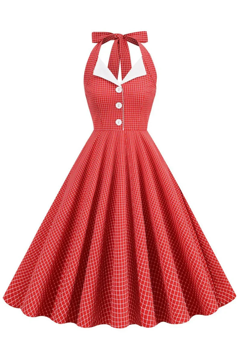 Retro Style Halter Neck Green 1950s Dress with Button