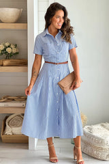 Blue Striped Button Down Dress With Belt