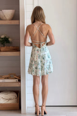 Mint Floral Flare Dress With Lace Up Back