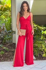 Red Jumpsuit With Side Slits And Criss Cross Back