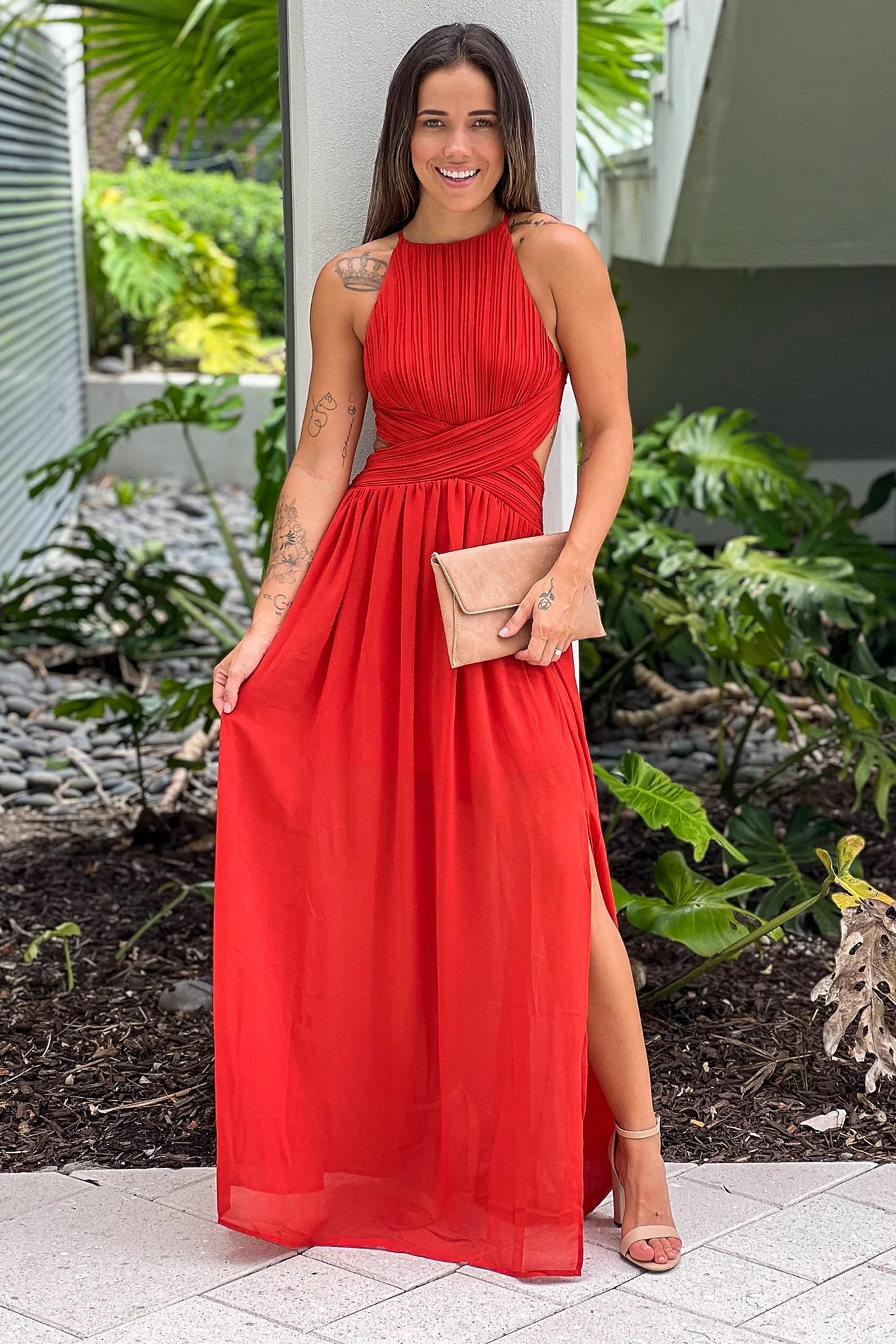 Rust Pleated Maxi Dress