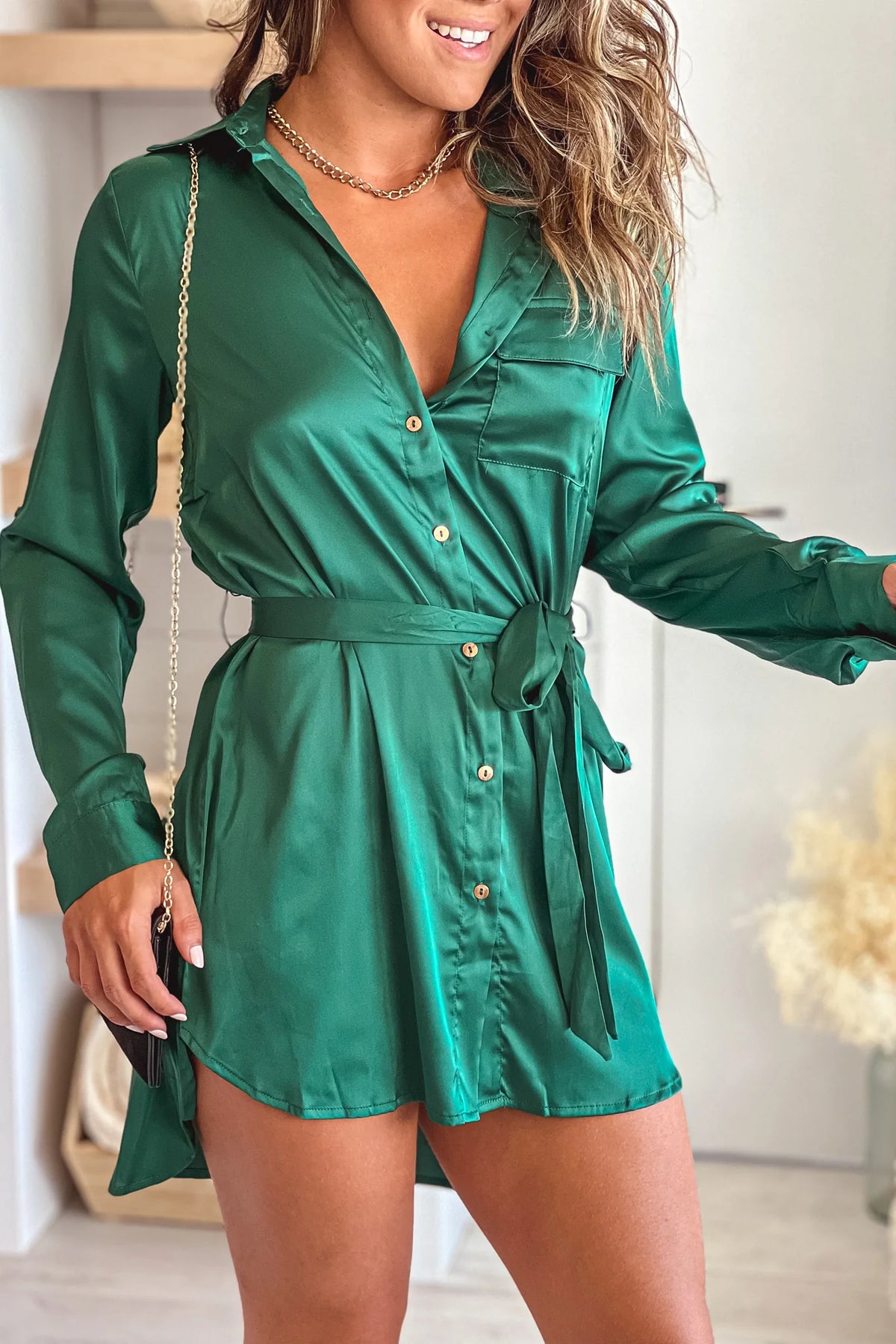 Hunter Green Satin Button Down Shirt Dress