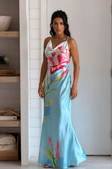 Mint Floral Print Cowl Neck Maxi Dress