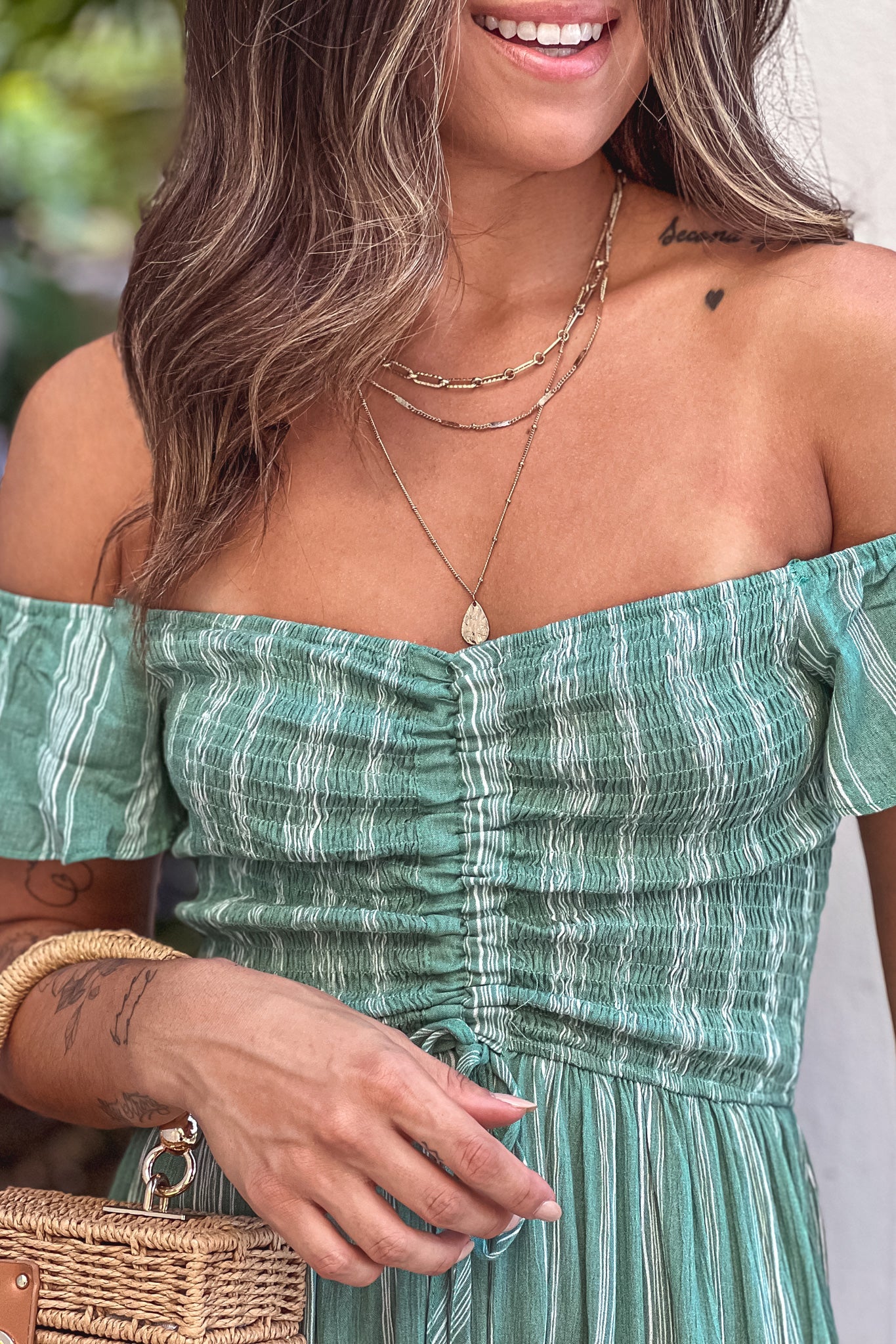 Green Striped Off Shoulder Maxi Dress