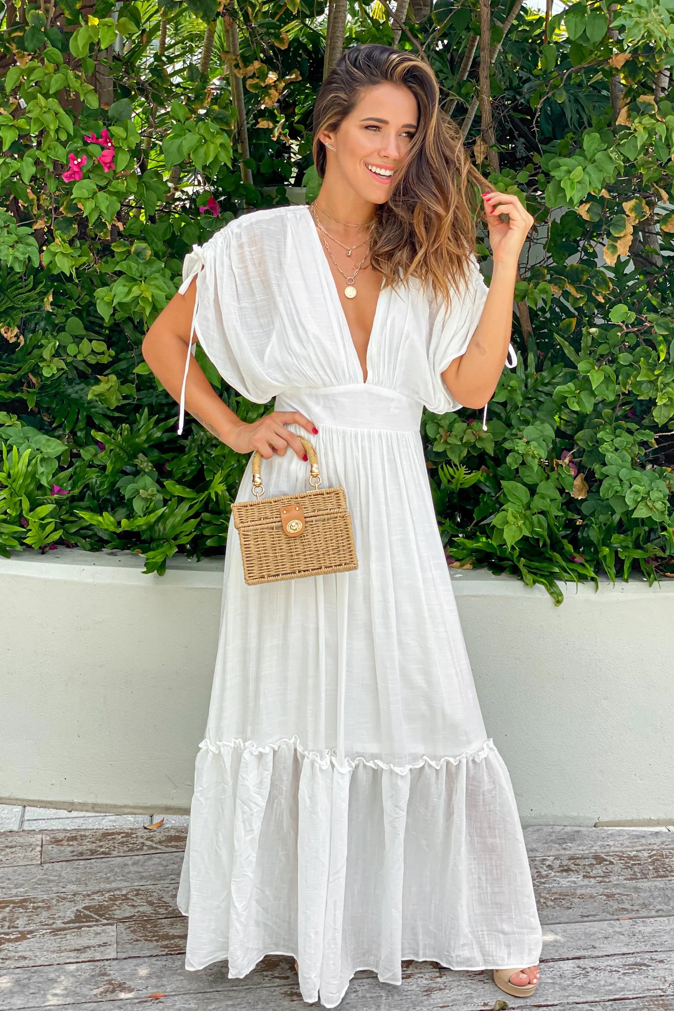 Off White V Neck Maxi Dress with Dolman Sleeves