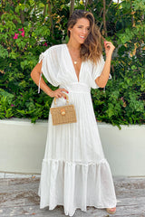 Off White V Neck Maxi Dress with Dolman Sleeves