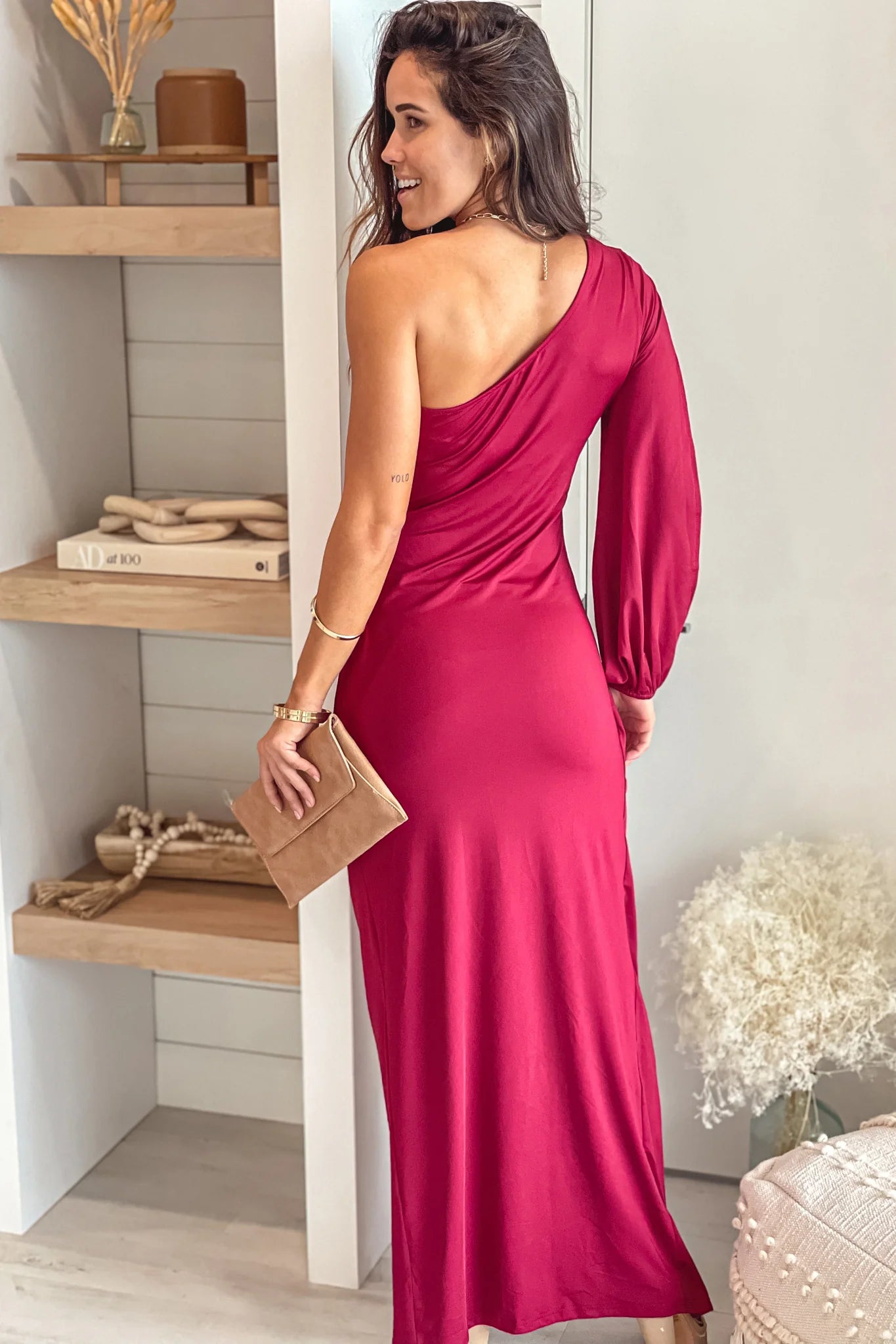 Burgundy One Shoulder Long Sleeve Maxi Dress With Slit