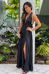 Black Satin Halter Neck Maxi Dress