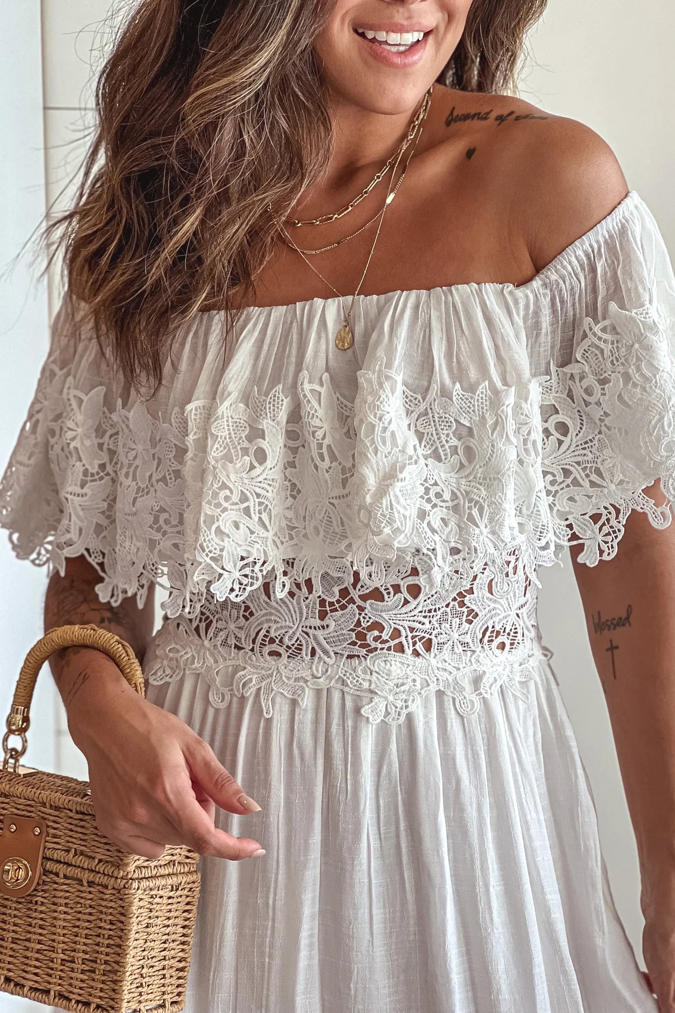 Off White Maxi Dress With Lace Trim