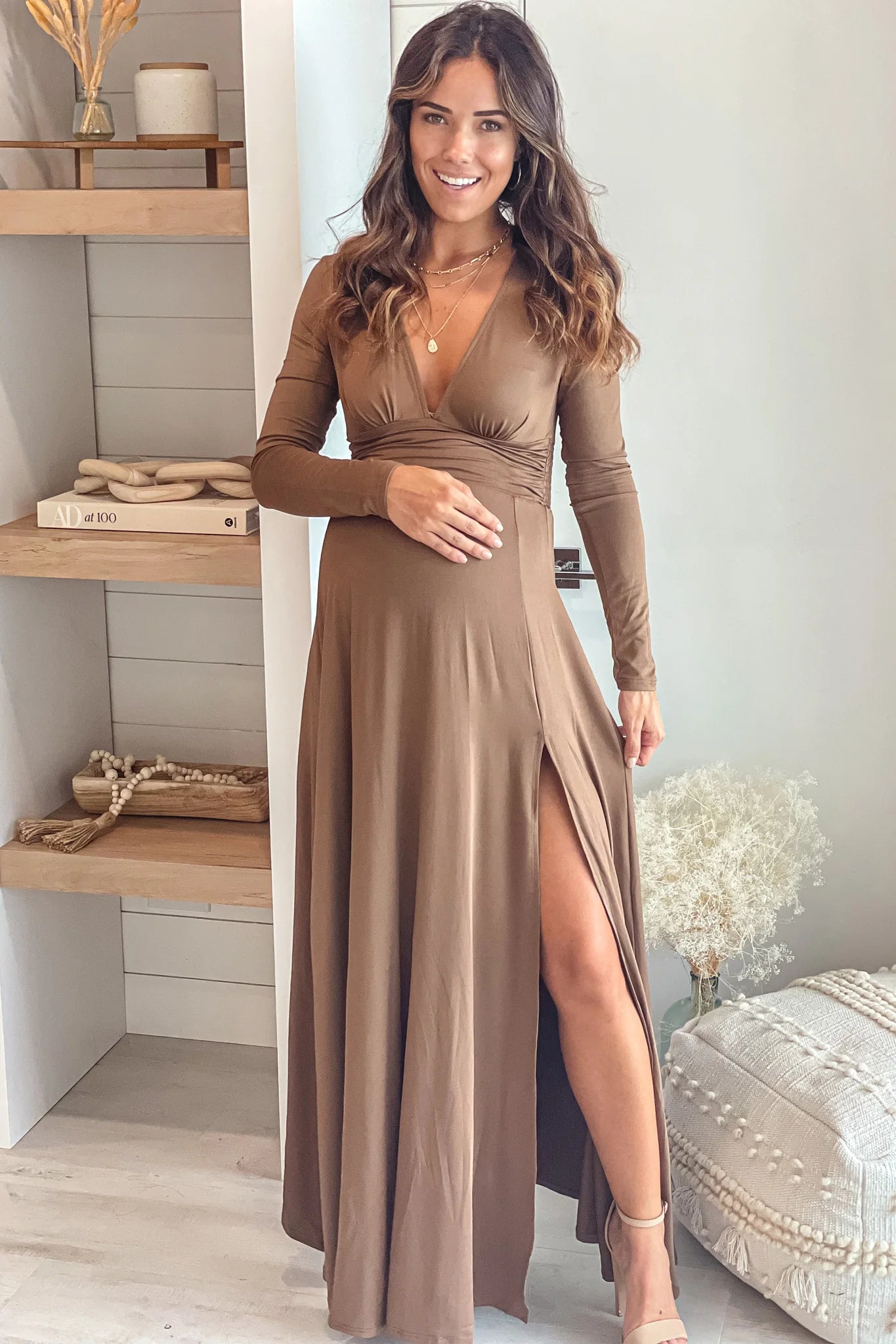 Mocha Maternity Maxi Dress with Long Sleeves