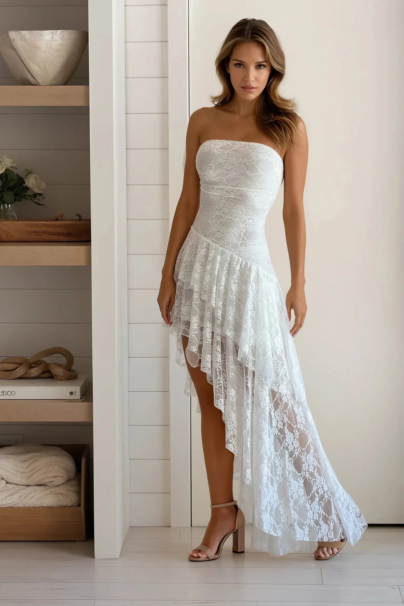 Ivory Lace Ruffled Asymmetrical Dress