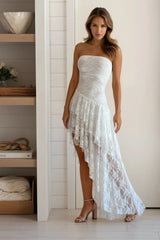 Ivory Lace Ruffled Asymmetrical Dress
