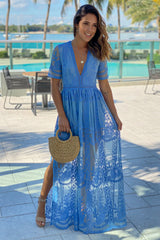Blue Lace Maxi Romper with Sleeves and Slits