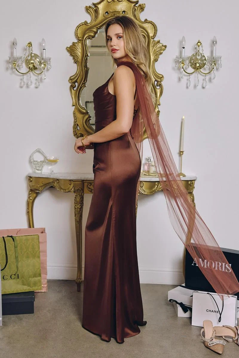 Toby Maxi Satin Dress with Lace Up Back Scarf
